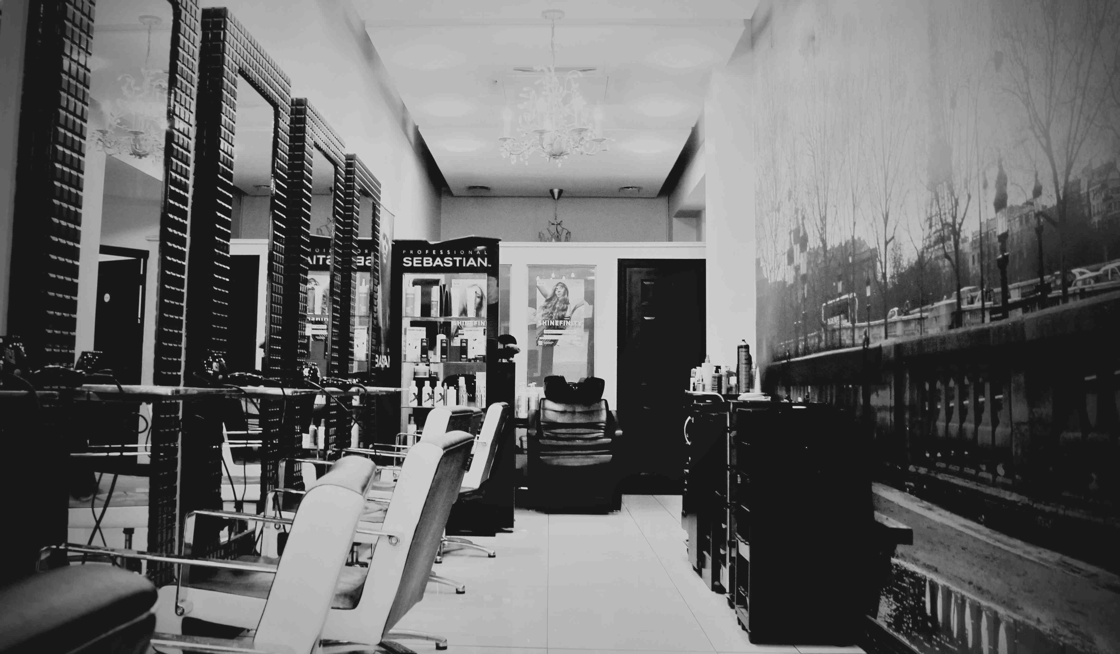 black and white image of the interior of the studio